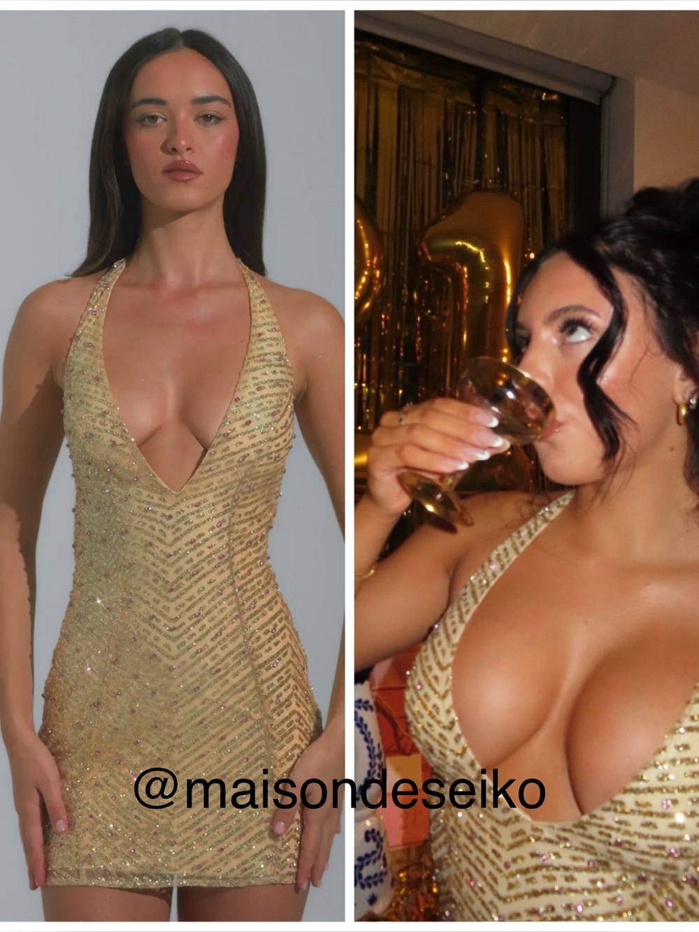 Oh Polly Mini Dress Gold Arlona Glitter Beaded Halter Bodycon size US 4